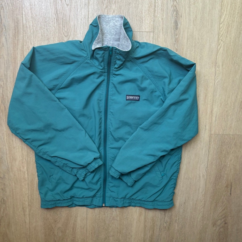 Vintage Lands End Squall Jacket Teal Green Fleece Lined Nylon Shell Mens Medium